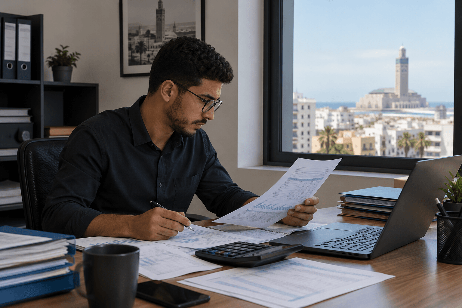 Accountant reviewing financial documents for a small business in Casablanca